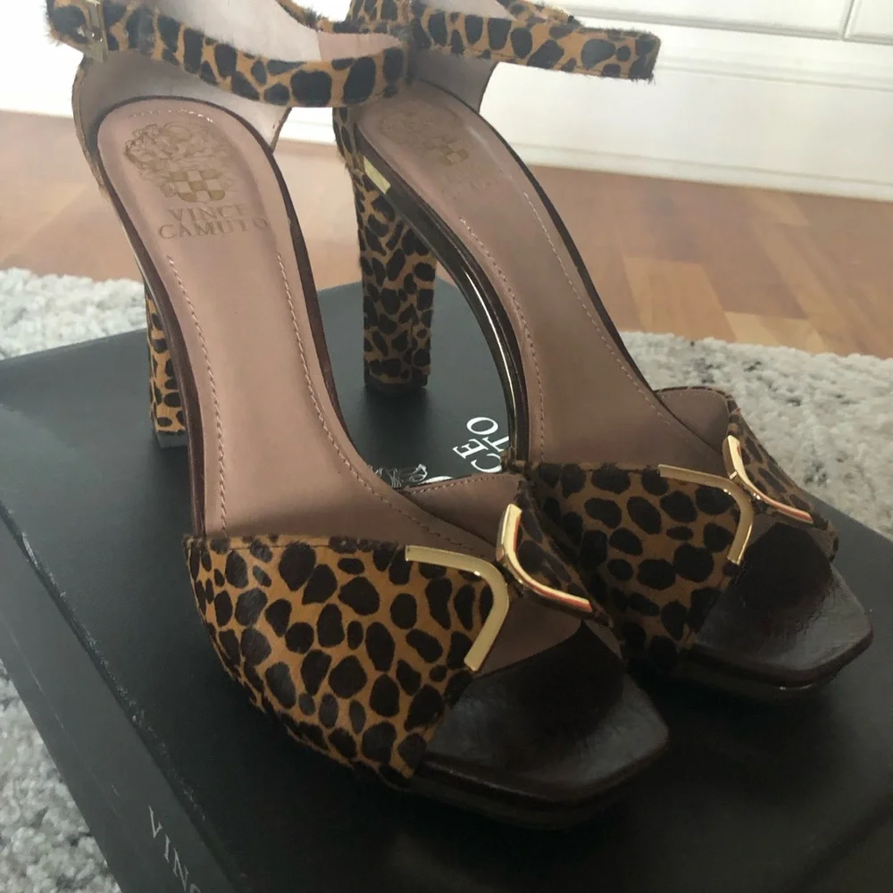 Vince Camuto Leopard Print Ankle Strap High Heels
